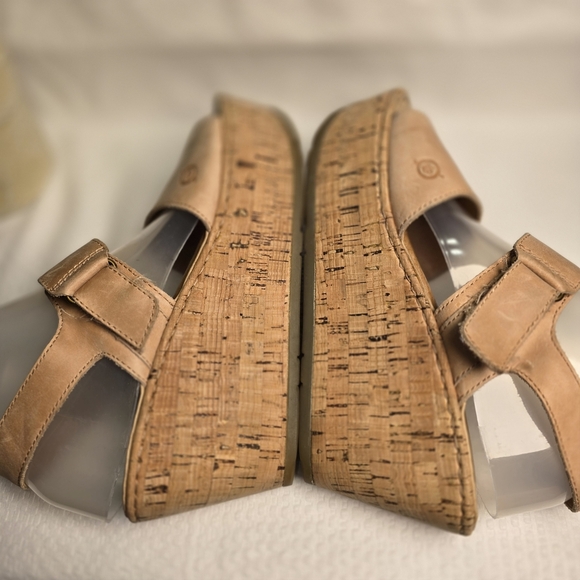 Born Tan Leather Sandal Cork Wedge Womens - Picture 5 of 8
